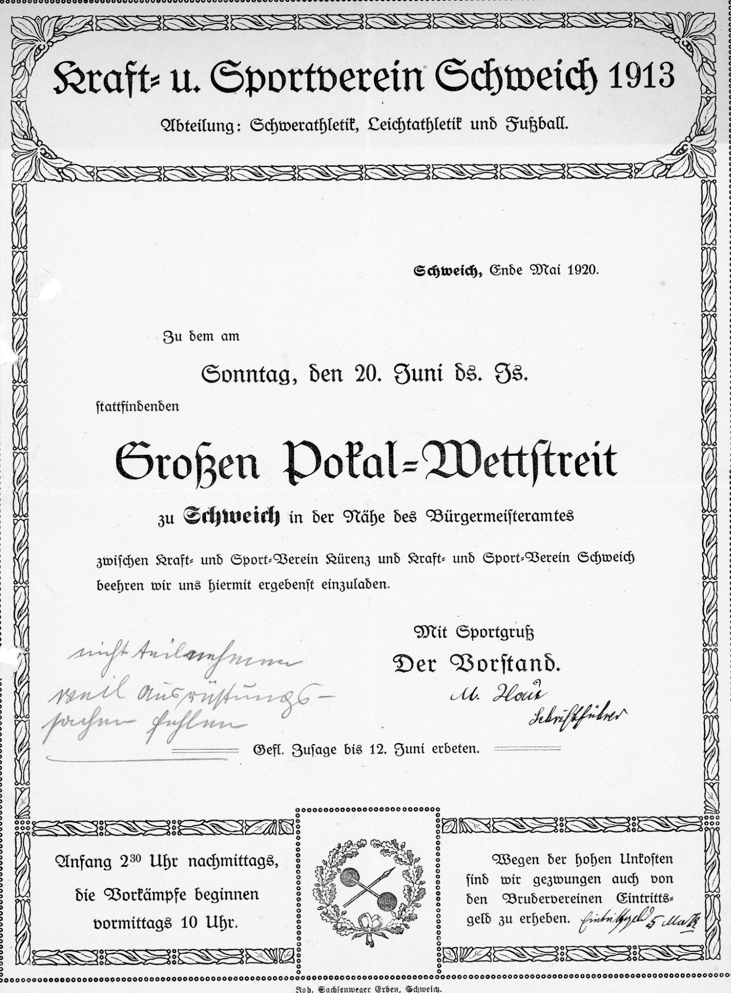 1920 · Einladung zum Pokalwettstreit des Kraft- und Sportvereins