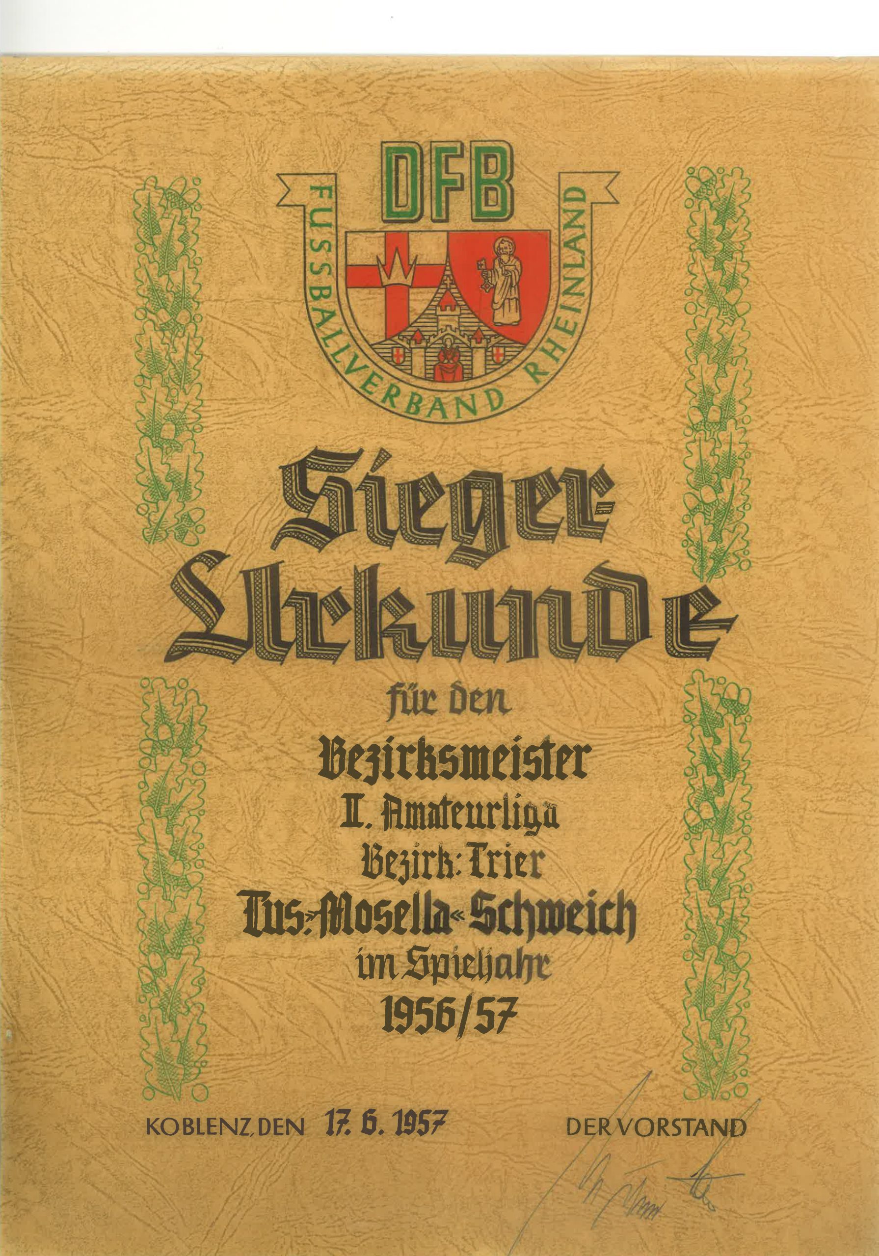 1956/57 · Siegerurkunde der Bezirksligameisterschaft