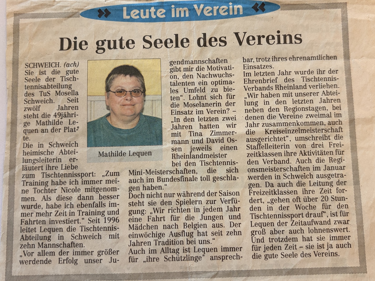 Juli 1999 · Mathilde Lequen und ihr Einsatz für Tischtennis