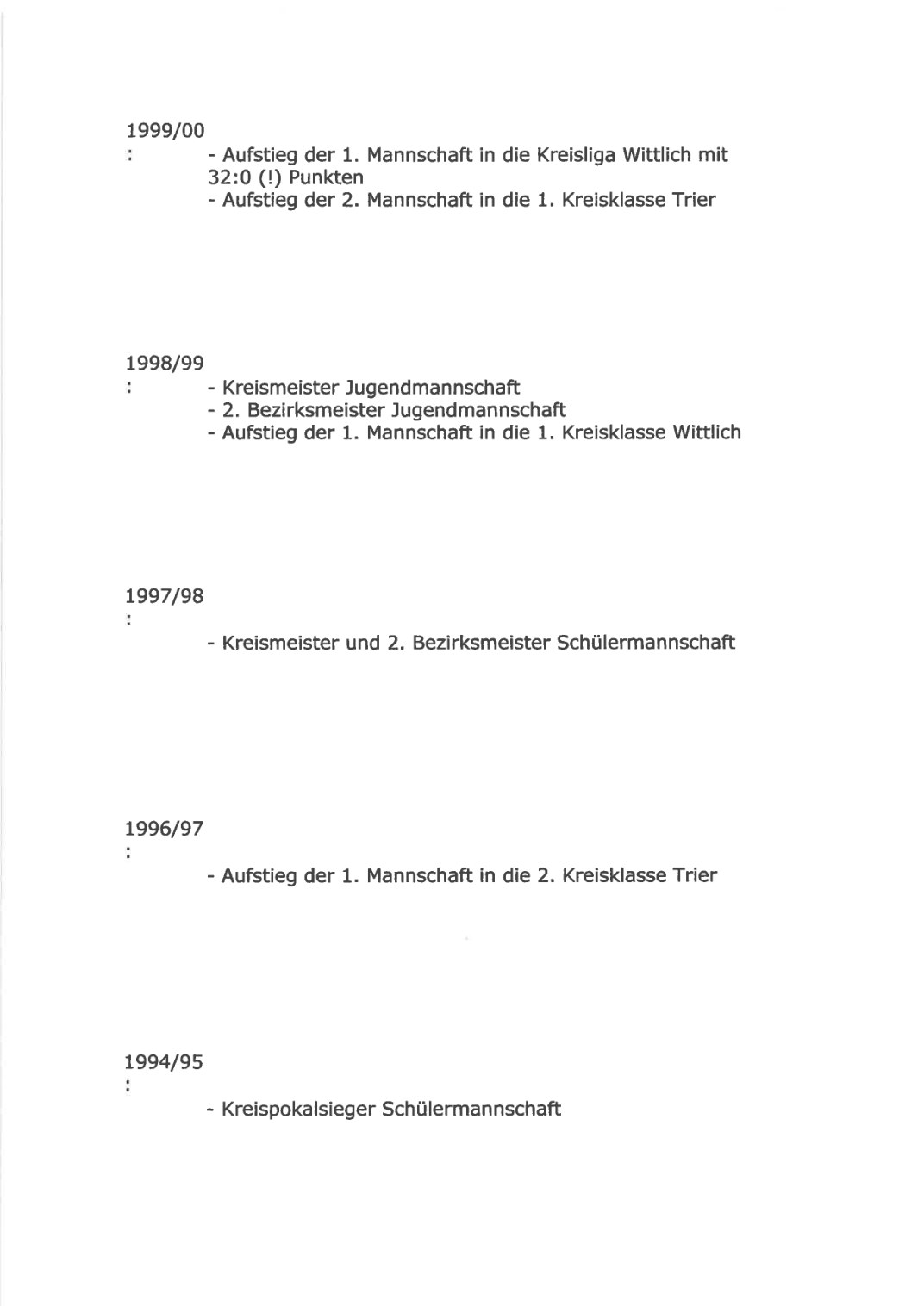 1994/95 bis 1999/2000 · Erfolge der Tischtennismannschaften