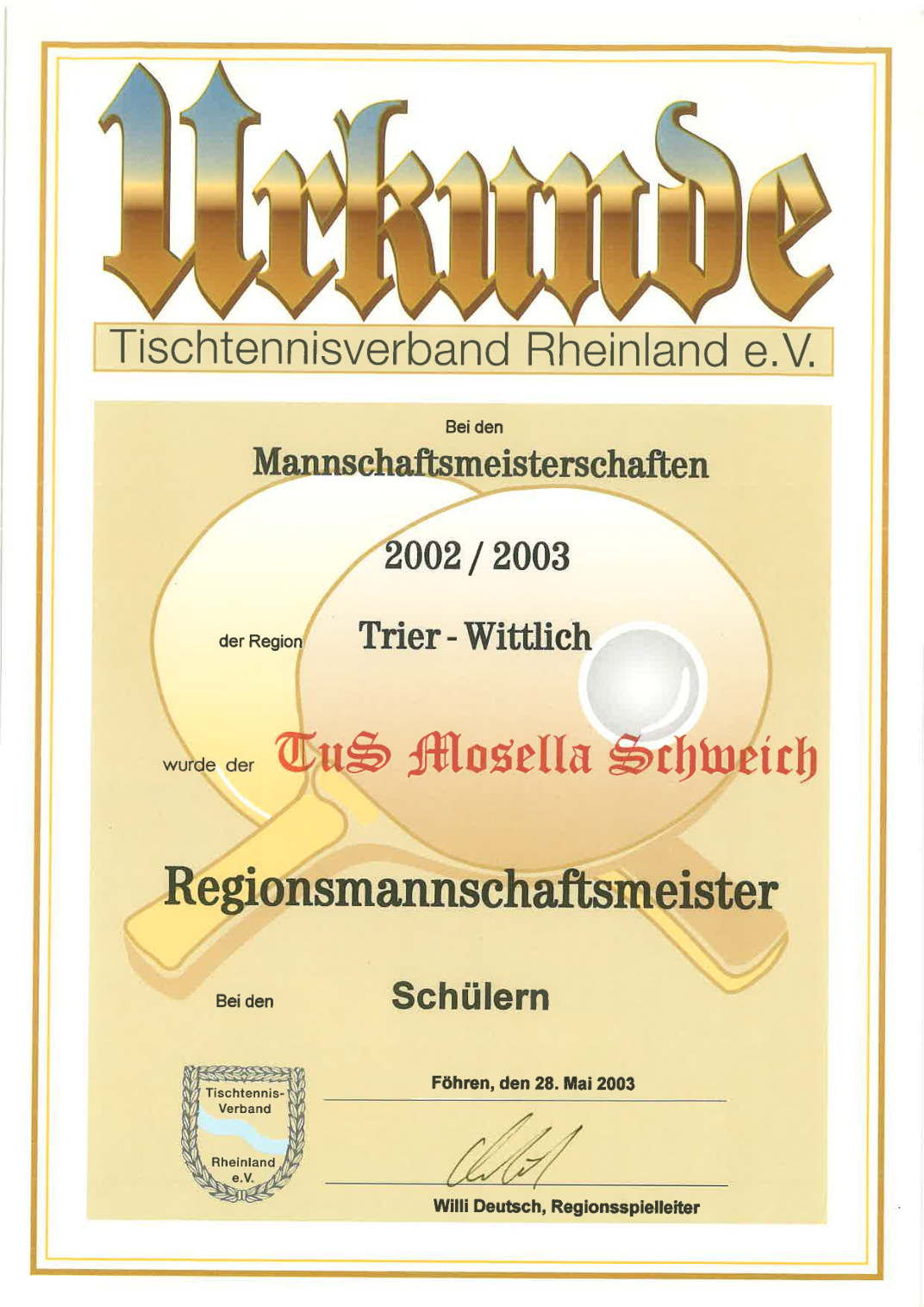 2002/03 · Auszeichnung im Regionsmannschaftswettbewerb der Schüler