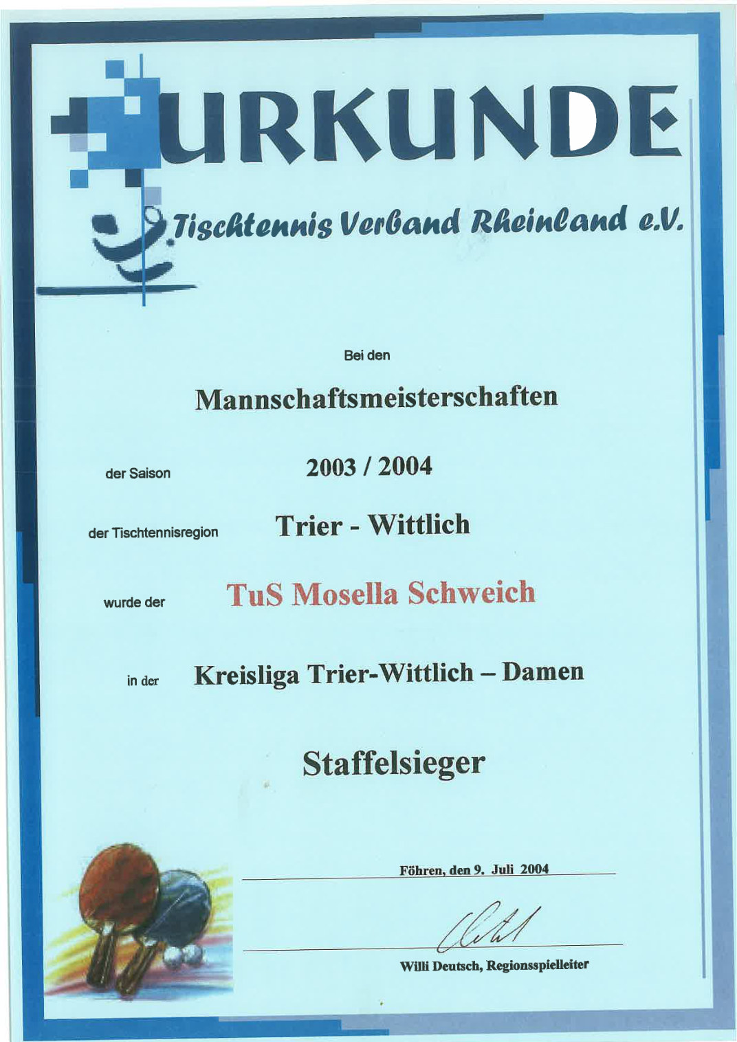 9. Juli 2004 · Staffelsieg der Damen in der Kreisliga Trier-Wittlich