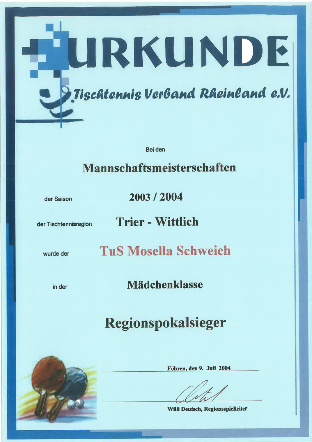 9. Juli 2004 · Regionspokalsieg der Mädchen
