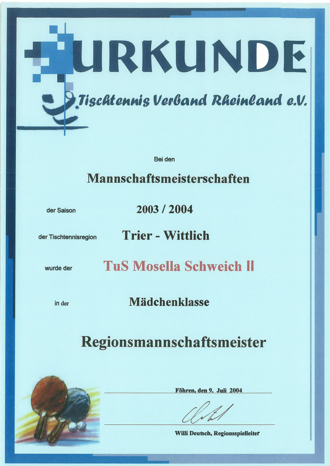 9. Juli 2004 · Regionsmannschaftsmeisterschaft der zweiten Mädchenmannschaft