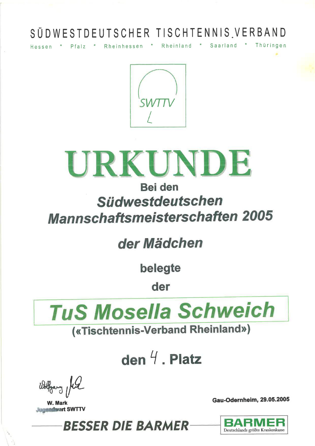 29. Mai 2005 · Südwestdeutsche Mannschaftsmeisterschaft der Mädchen, siebter Platz