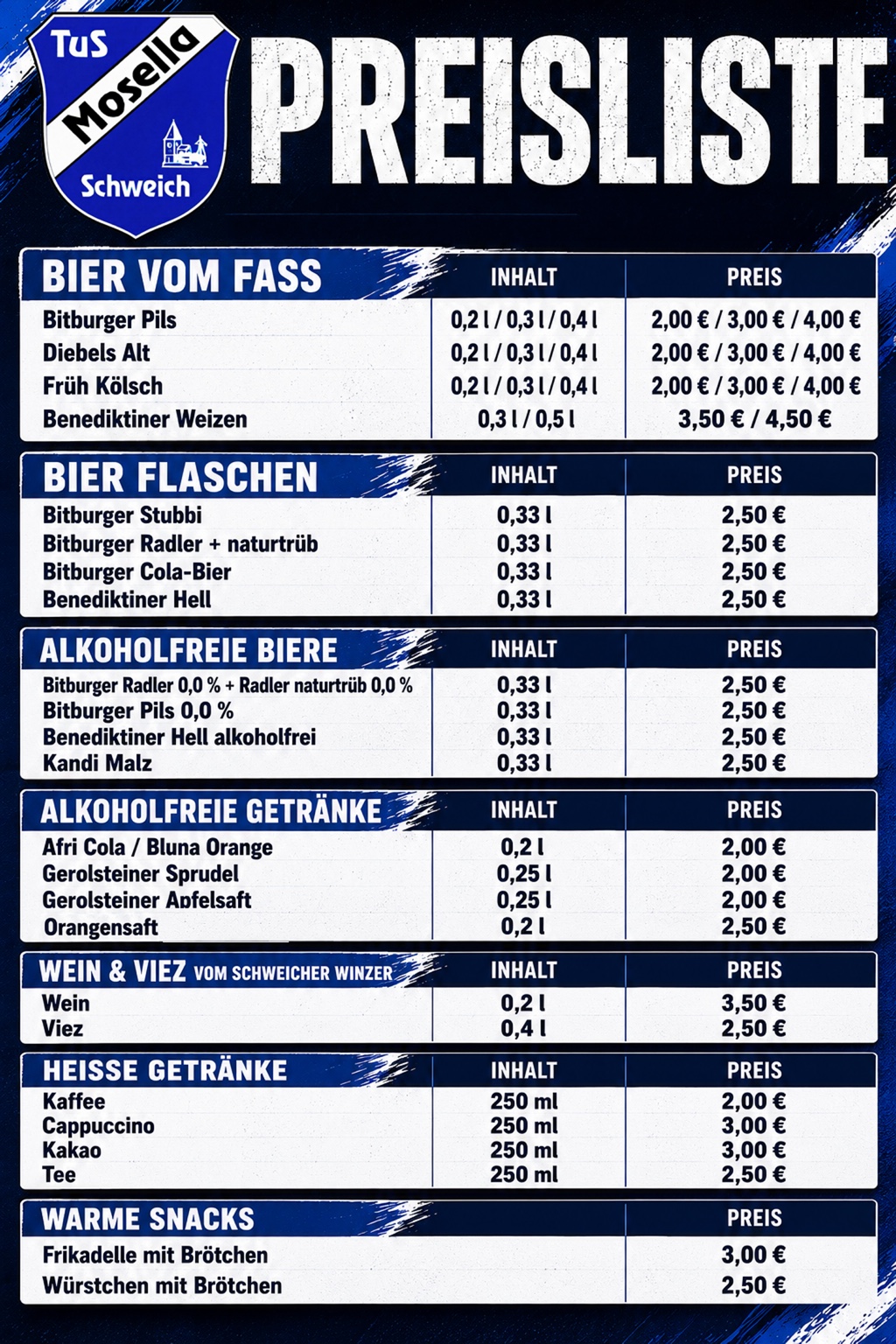 Vollständige Preisliste des Mosella Stübchens mit Getränken, Mengen und Preisen sowie warmen Snacks