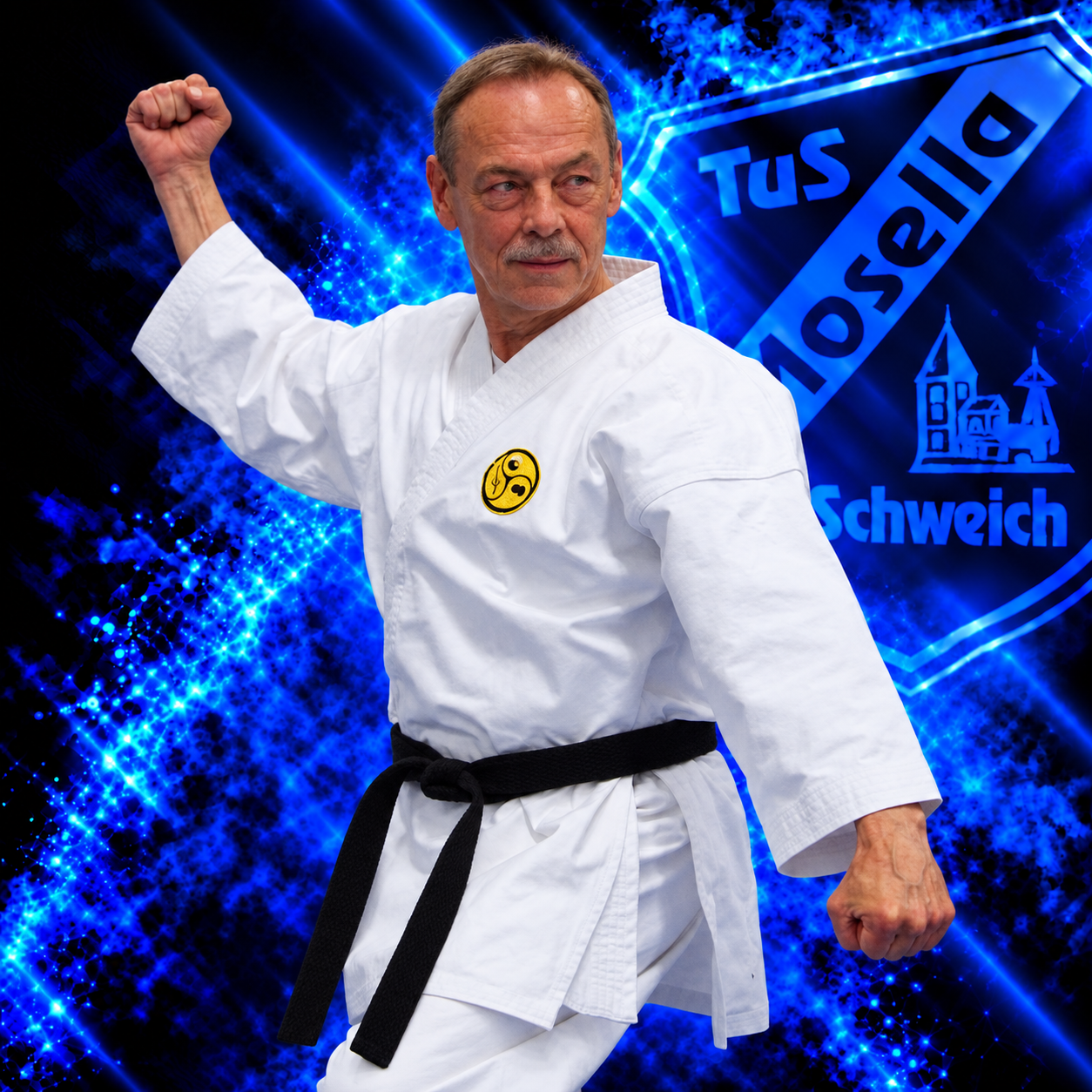 Ferdinand Matl, Abteilungsleiter Karate des TuS Mosella Schweich, im weißen Karateanzug vor dem blauen Mosella Hintergrund Ferdinand Matl, Abteilungsleiter Karate des TuS Mosella Schweich, im weißen Karateanzug vor dem blauen Mosella Hintergrund