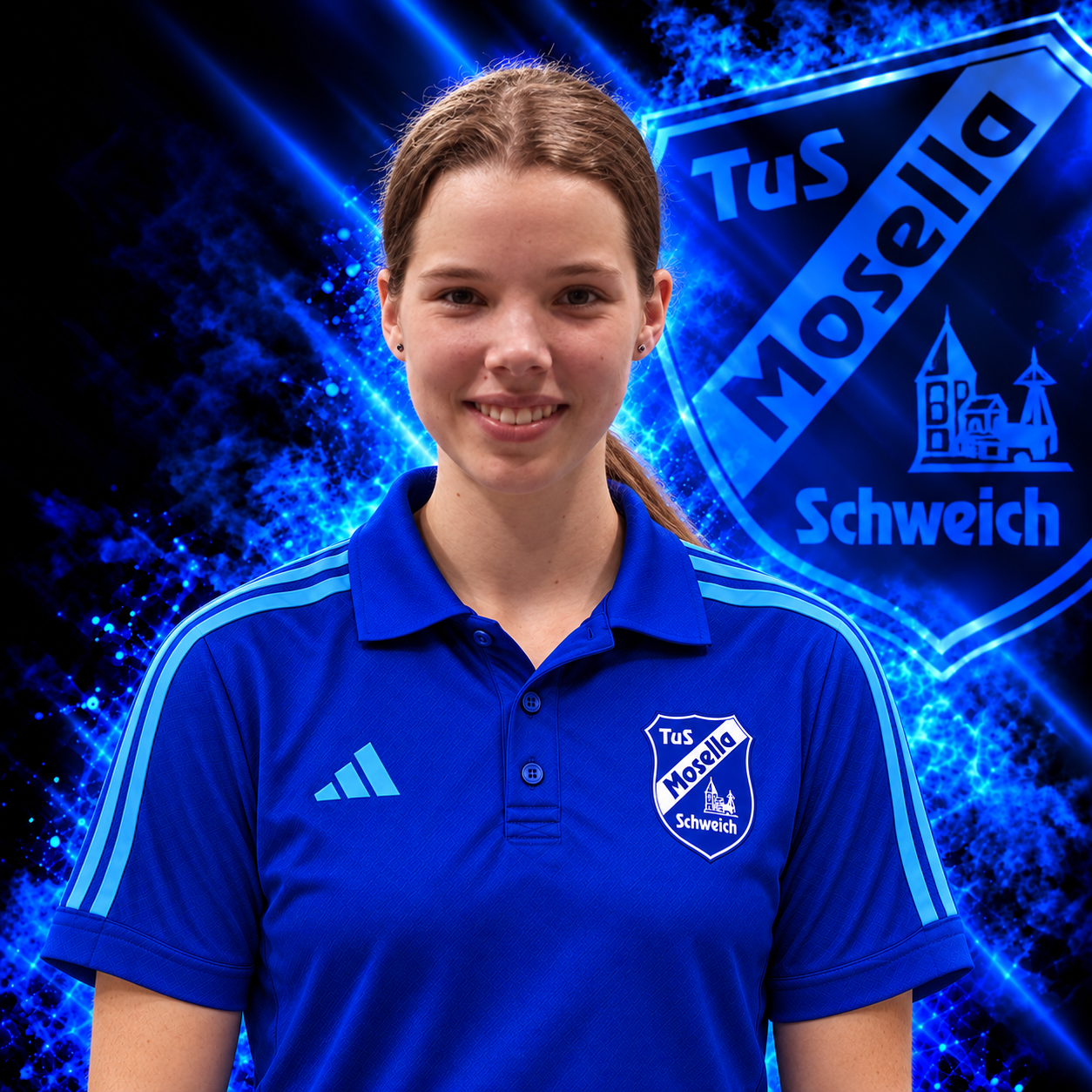Laura Lehne, Abteilungsleiterin Tischtennis, im blauen Mosella Vereinspolo vor dem Vereinswappen