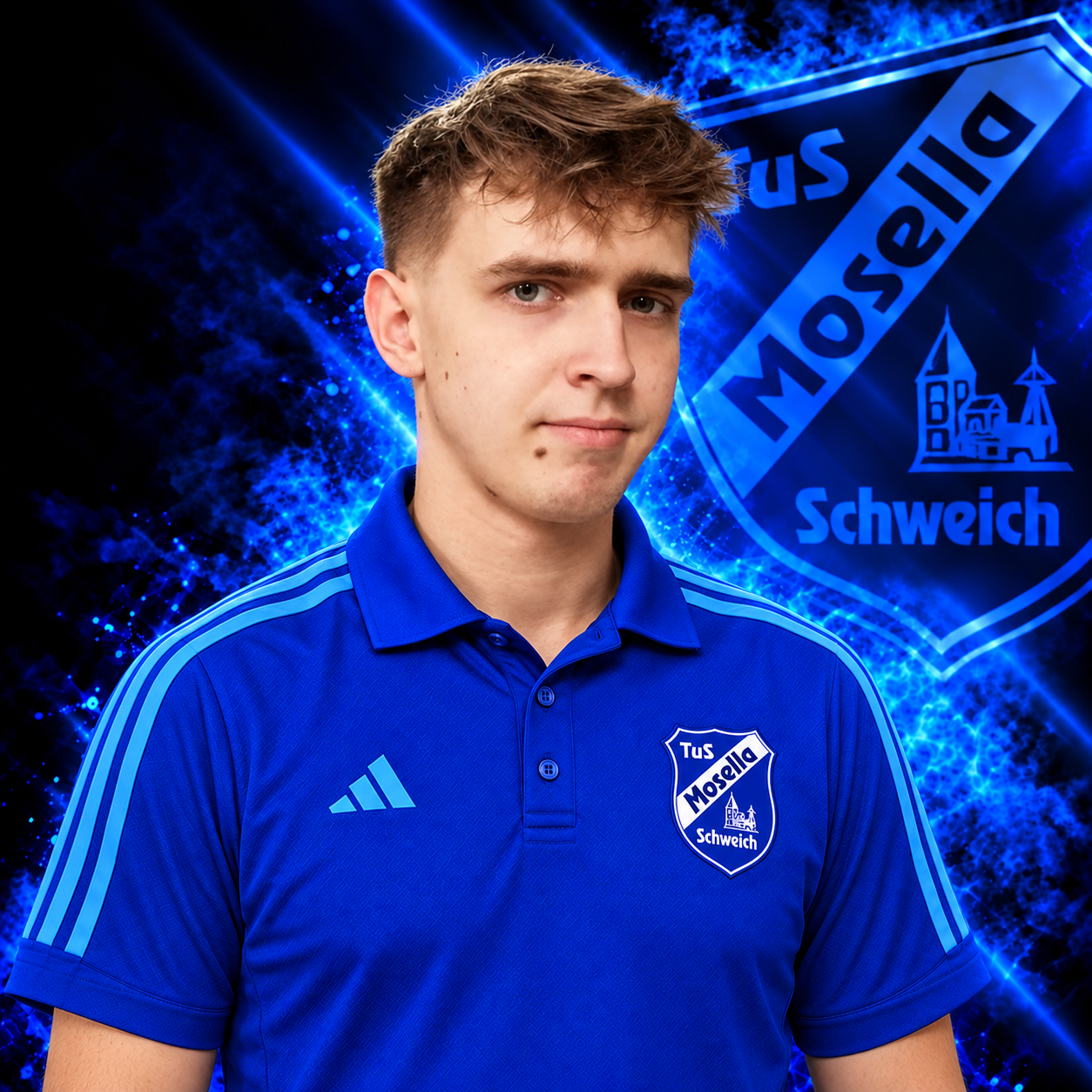 Oliver Boos, Abteilungsleiter Basketball beim TuS Mosella Schweich, im blauen Adidas Vereinspolo vor dem Mosella Logo